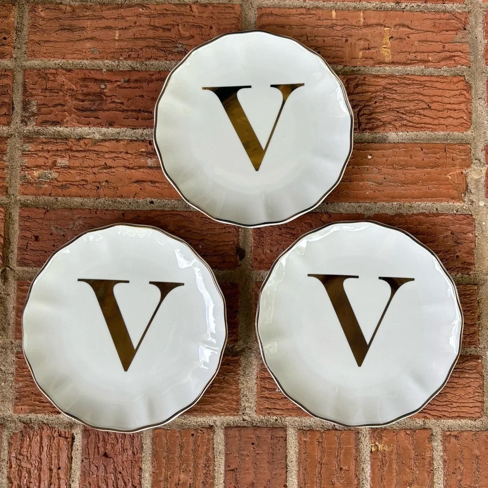 Set of 3 New Williams Sonoma White & Gold Monogram Initial V Appetizer Plates